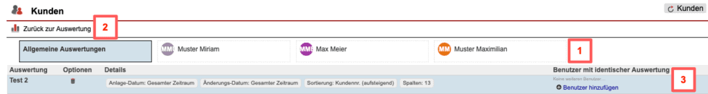 Screenshot über gespeicherte Auswertungen im Statistikbereich „Kunden“