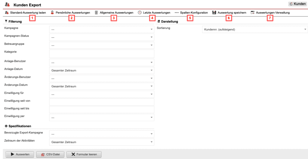 Screenshot mit der Übersicht über die Konfiguration der „Kunden-Export-Statistik“