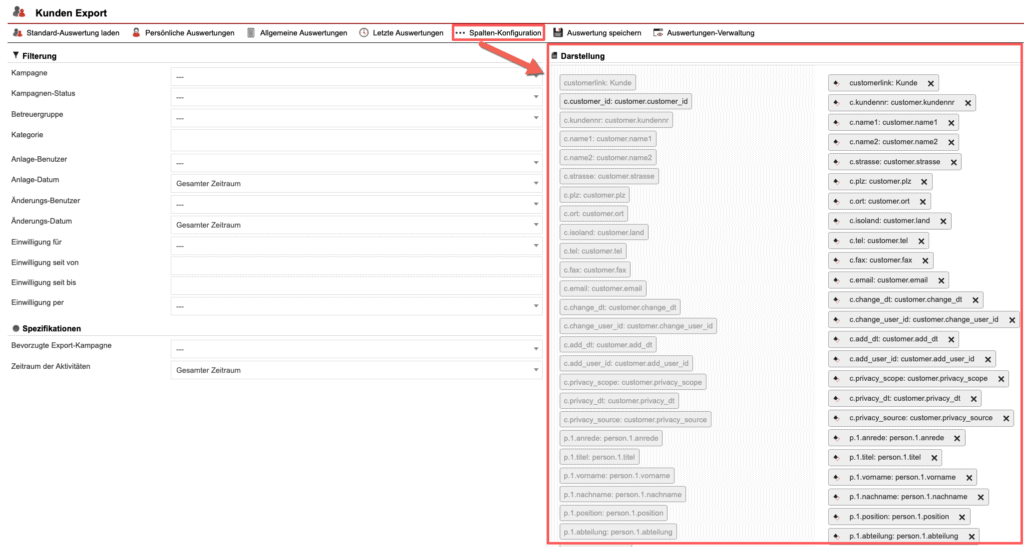 Screenshot des geöffneten Spaltenkonfigurationsbereichs