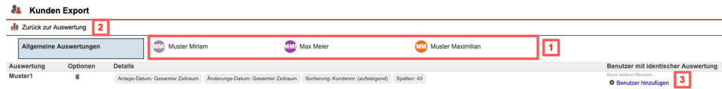 Screenshot über gespeicherte Auswertungen im Statistikbereich „Kunden-Export“