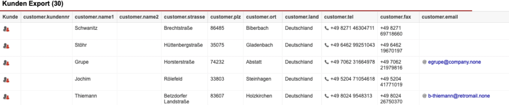 Screenshot einer Auswertung der Statistik „Kunden-Export“