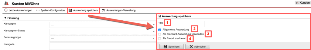 Screenshot geöffnetes Menü zum Speichern der konfigurierten Auswertung