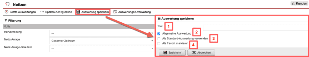 Screenshot geöffnetes Menü zum Speichern der konfigurierten Auswertung