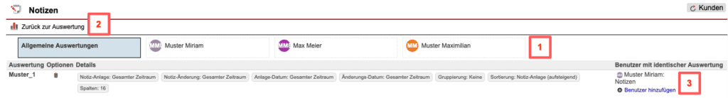 Screenshot über gespeicherte Auswertungen im Statistikbereich „Notizen“