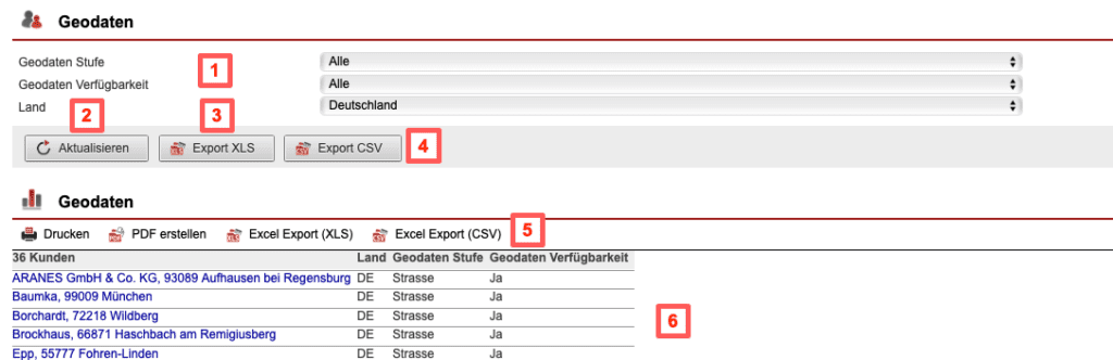 Screenshot Übersichtmaske der „Geodaten-Statistik“