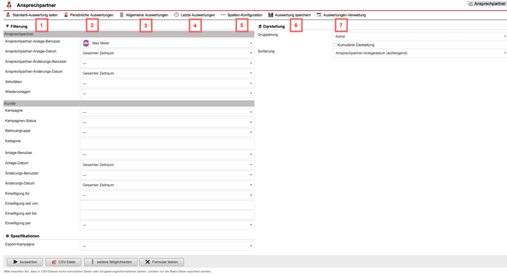 Screenshot mit der Übersicht über die Konfiguration der „Ansprechpartner-Statistik“