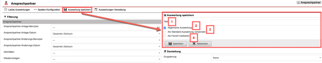 Screenshot geöffnetes Menü zum Speichern der konfigurierten Auswertung