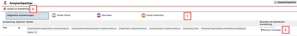 Screenshot über gespeicherte Auswertungen im Statistikbereich „Ansprechpartner“