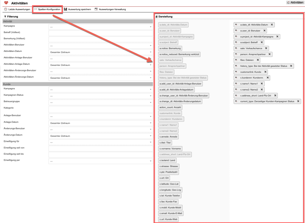 Screenshot der geöffneten Spaltenkonfiguration