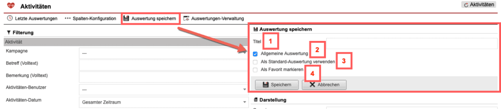 Screenshot geöffnetes Menü zum Speichern der konfigurierten Auswertung