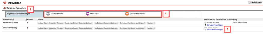 Screenshot über gespeicherte Auswertungen im Statistikbereich „Aktivitäten“