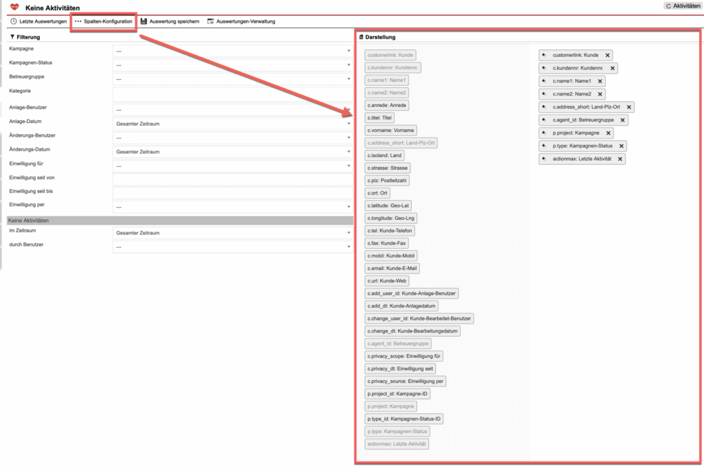 Screenshot der geöffneten Spaltenkonfiguration