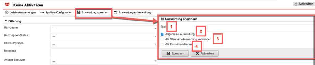 Screenshot geöffnetes Menü zum Speichern der konfigurierten Auswertung