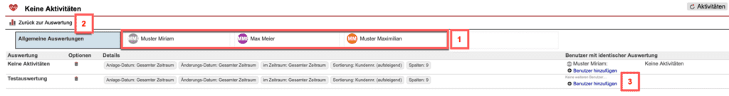 Screenshot über gespeicherte Auswertungen im Statistikbereich „Keine Aktivitäten“