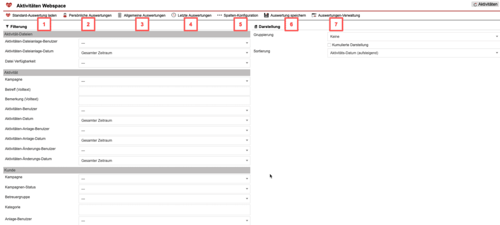 Screenshot mit der Übersicht über die Konfiguration der „Aktivitäten Webspace-Statistik“