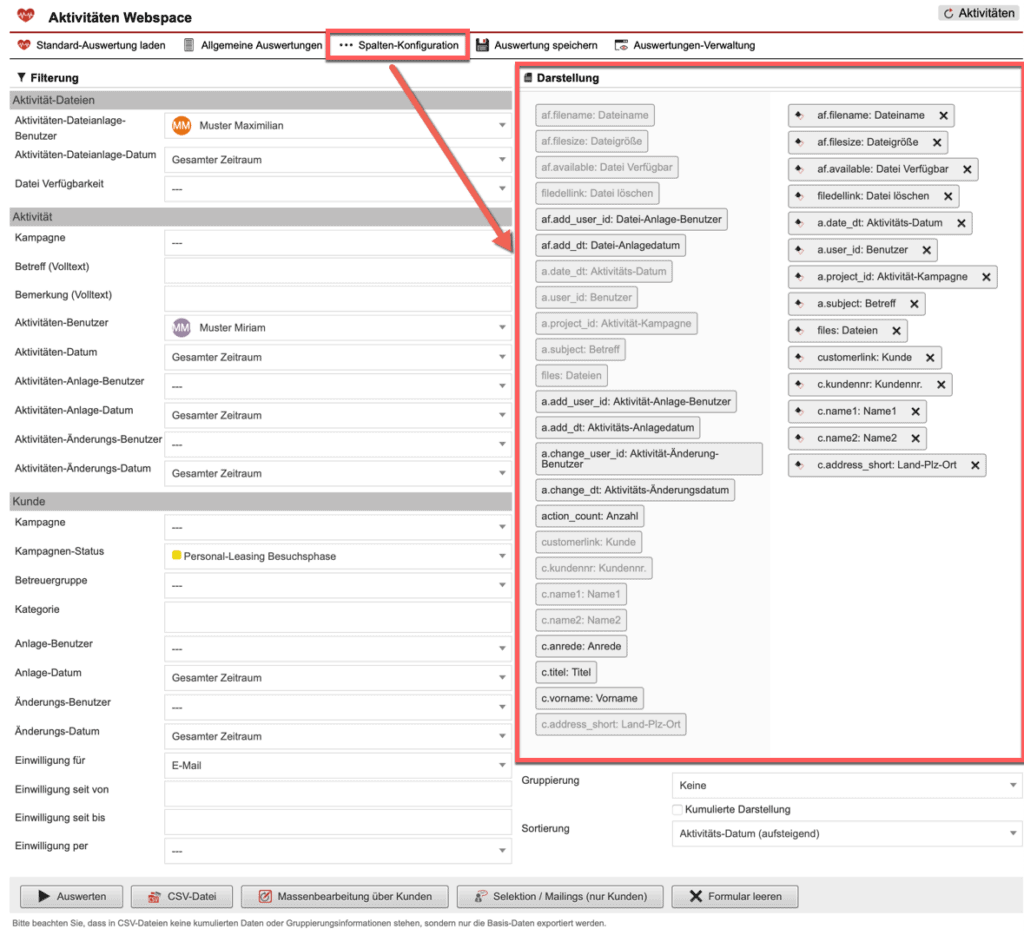 Screenshot der geöffneten Spaltenkonfiguration