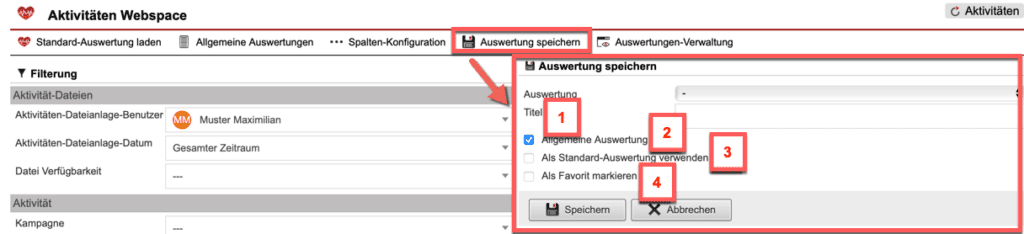 Screenshot geöffnetes Menü zum Speichern der konfigurierten Auswertung