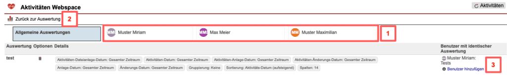 Screenshot über gespeicherte Auswertungen im Statistikbereich „Aktivitäten Webspace“