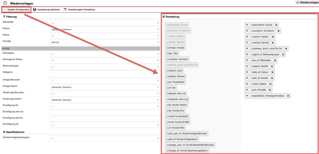 Screenshot der geöffneten Spaltenkonfiguration