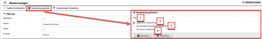 Screenshot geöffnetes Menü zum Speichern der konfigurierten Auswertung