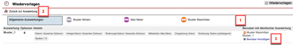 Screenshot über gespeicherte Auswertungen im Statistikbereich „Wiedervorlagen“