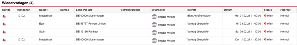 Screenshot einer Auswertung der Statistik „Wiedervorlagen“