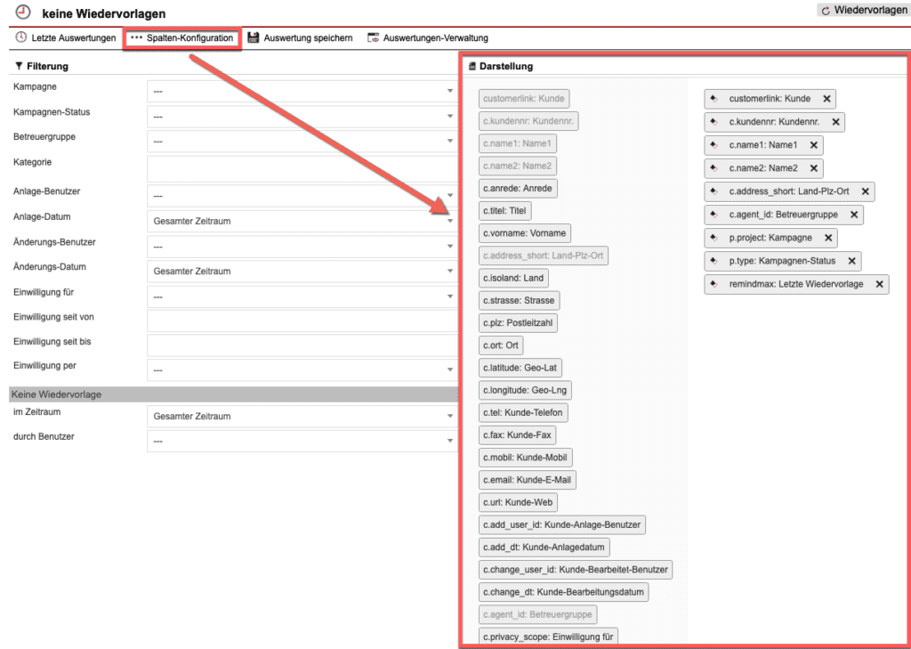 Screenshot der geöffneten Spaltenkonfiguration