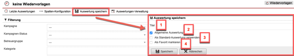 Screenshot geöffnetes Menü zum Speichern der konfigurierten Auswertung