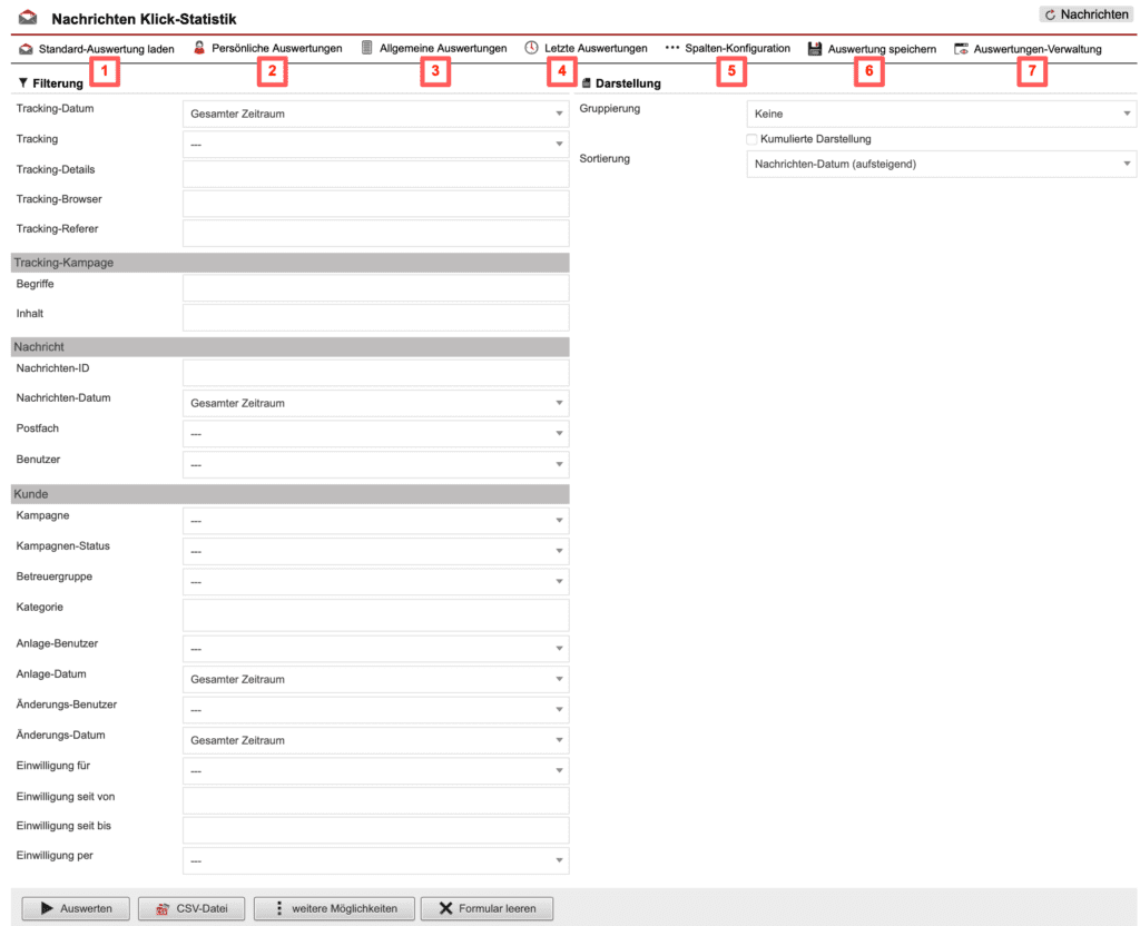 Screenshot mit der Übersicht über die Konfiguration der „Nachrichten Klick-Statistik“