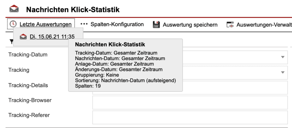 Screenshot Drop-Down-Menü „Letzte Auswertungen“