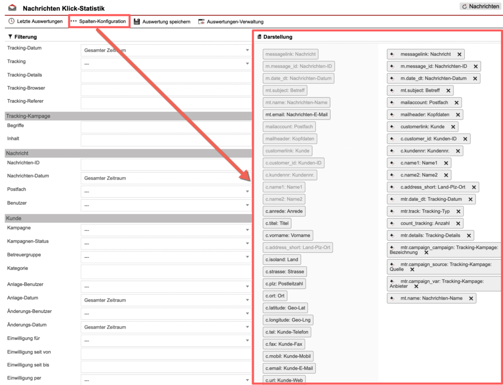 Screenshot der geöffneten Spaltenkonfiguration