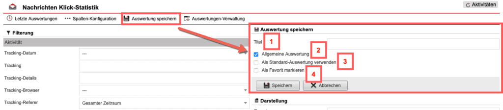 Screenshot geöffnetes Menü zum Speichern der konfigurierten Auswertung