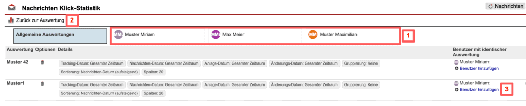 Screenshot über gespeicherte Auswertungen im Statistikbereich „Nachrichten Klick-Statistik“