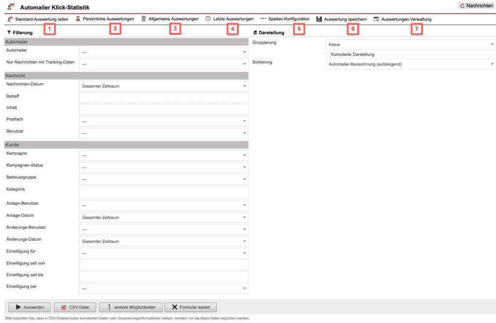 Screenshot mit der Übersicht über die Konfiguration der „Automailer-Klick-Statistik“