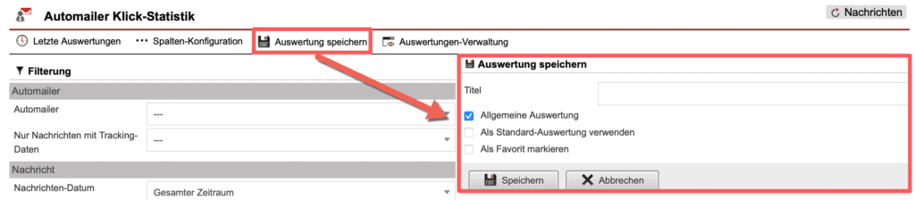 Screenshot geöffnetes Menü zum Speichern der konfigurierten Auswertung