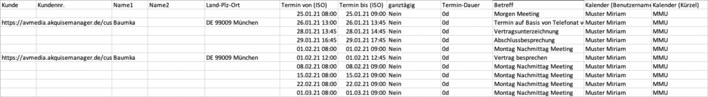 Screenshot CSV-Tabelle