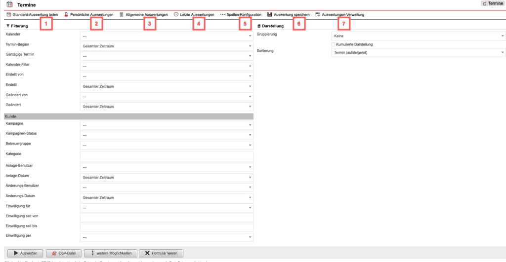 Screenshot mit der Übersicht über die Konfiguration der „Termine-Statistik“