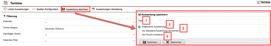 Screenshot geöffnetes Menü zum Speichern der konfigurierten Auswertung