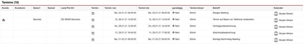 Screenshot einer Auswertung der Statistik „Termine“