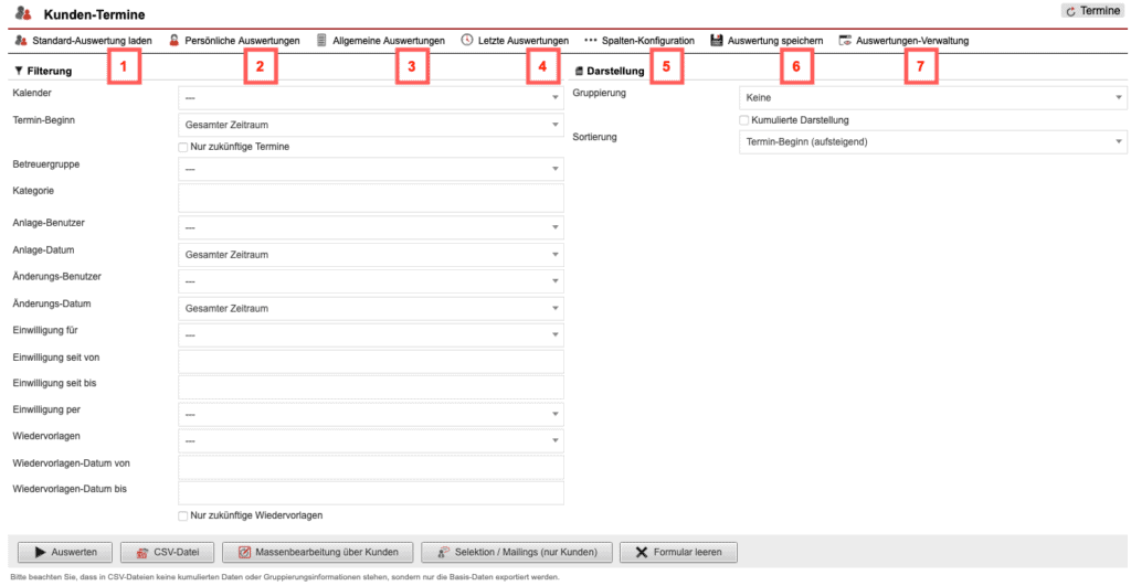 Screenshot mit der Übersicht über die Konfiguration der „Kunden-Termine-Statistik“