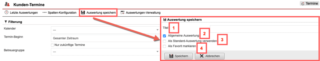 Screenshot geöffnetes Menü zum Speichern der konfigurierten Auswertung