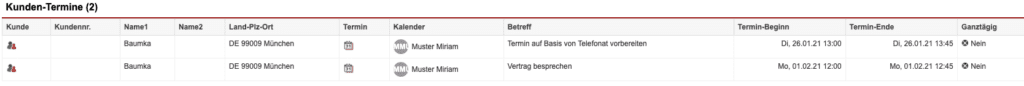 Screenshot einer Auswertung der Statistik „Kunden-Termine“