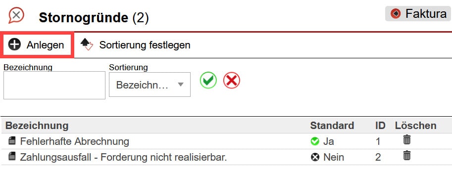 Screenshot geöffneter Einstellungsbereich „Stornogründe“ mit markiertem Button „Anlegen“