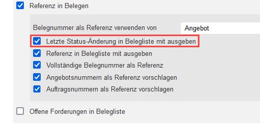 Screenshot geöffneter Einstellungsbereich „Faktura“ mit markierter Option „Letzte Status-Änderung in Belegliste mit ausgeben“