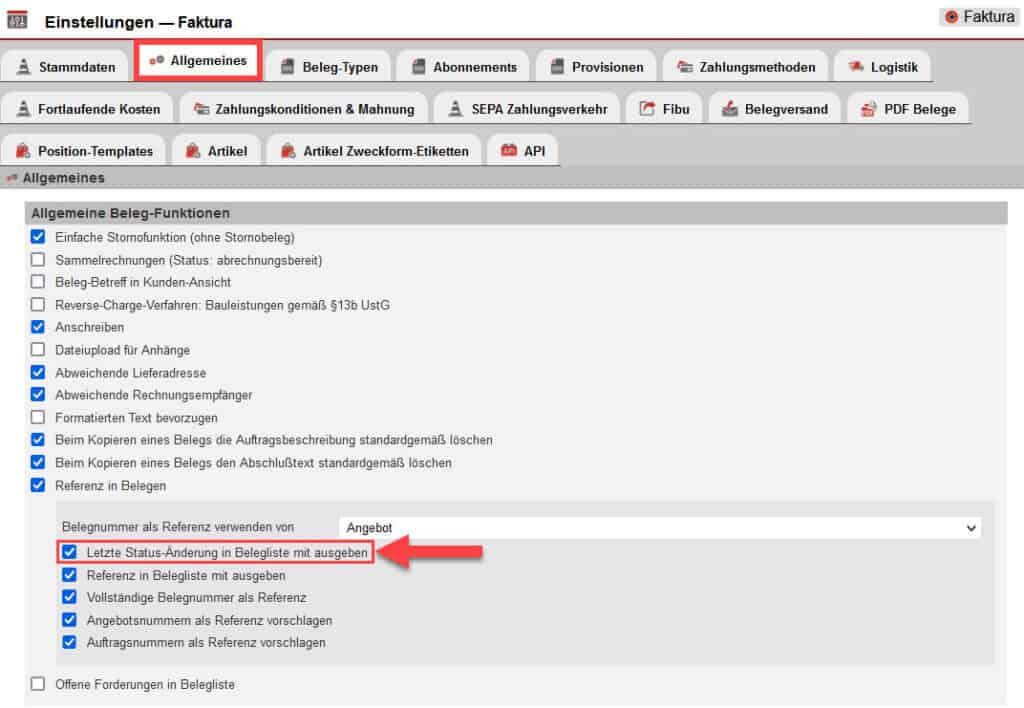 Screenshot geöffneter Reiter „Allgemeines“ im Einstellungsbereich „Faktura“ unter „Einstellungen“ mit markierter Option „Letzte Status-Änderung in Belegliste mit ausgeben“