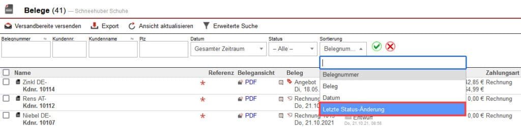 Screenshot geöffnete Belegübersicht mit markierter Filteroption „Letzte Status-Änderung“