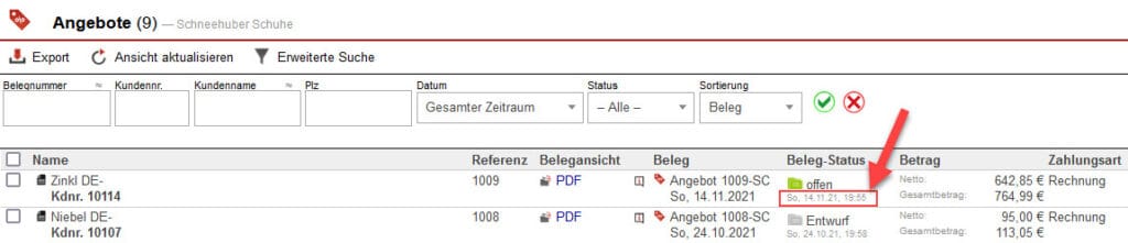 Screenshot geöffnete Angebotsübersicht mit markiertem Zeitpunkt der letzten Änderung