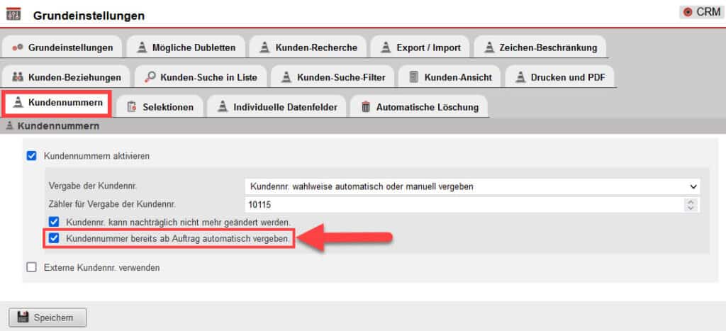 Screenshot geöffneter Einstellungsbereich mit markierter Option zur automatischen Vergabe der Kundennummer ab Auftrag