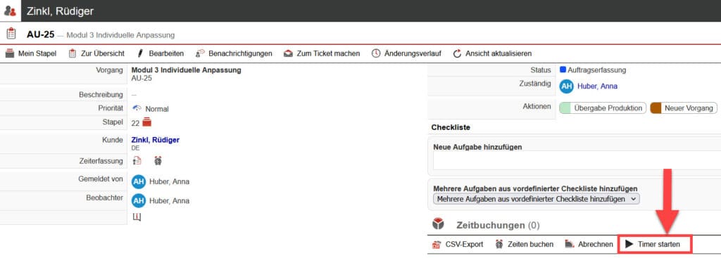 Screenshot geöffneter Vorgang mit markiertem Button „Timer starten“ im Bereich „Zeitbuchungen“