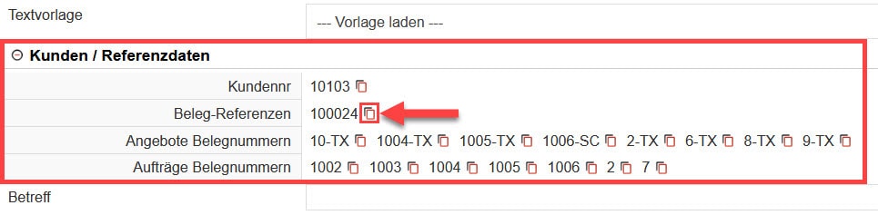 Screenshot geöffneter Bereich zur Erstellung einer Nachricht mit markiertem Bereich „Kunden/Referenzdaten“